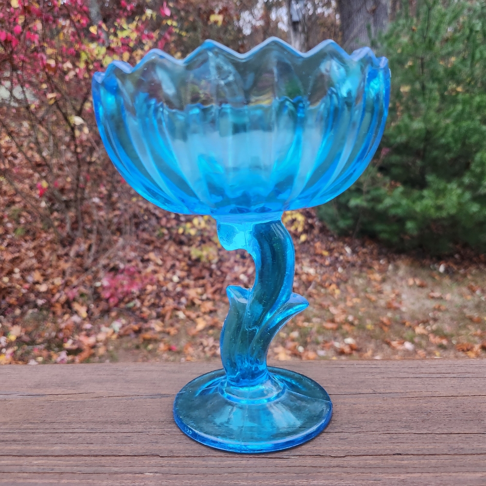 Indiana Glass Aqua Blue Footed Lotus Compote / Candy Dish - Picture 2 of 16